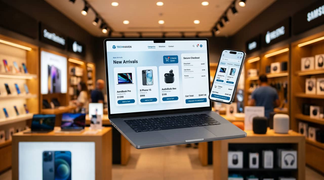 Electronics store website with product cards and a secure checkout shown on a laptop and a phone