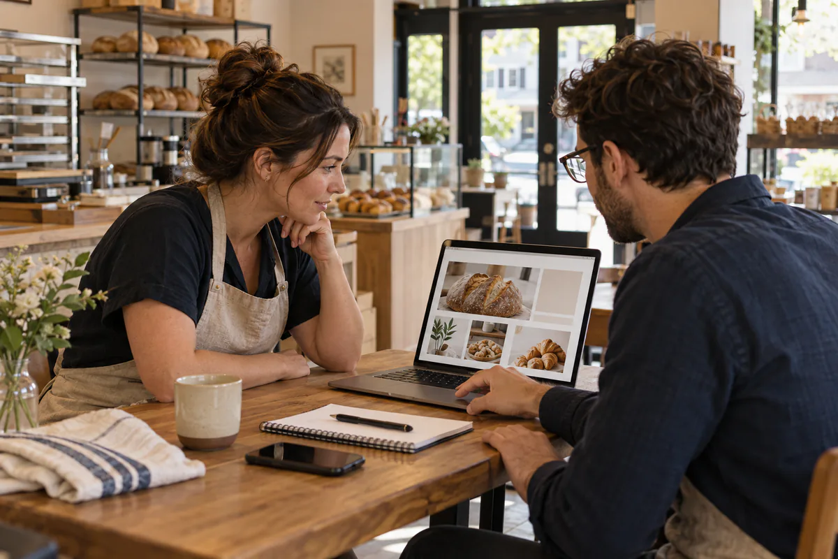 Two people reviewing a bakery website with bread photos on a laptop inside the bakery