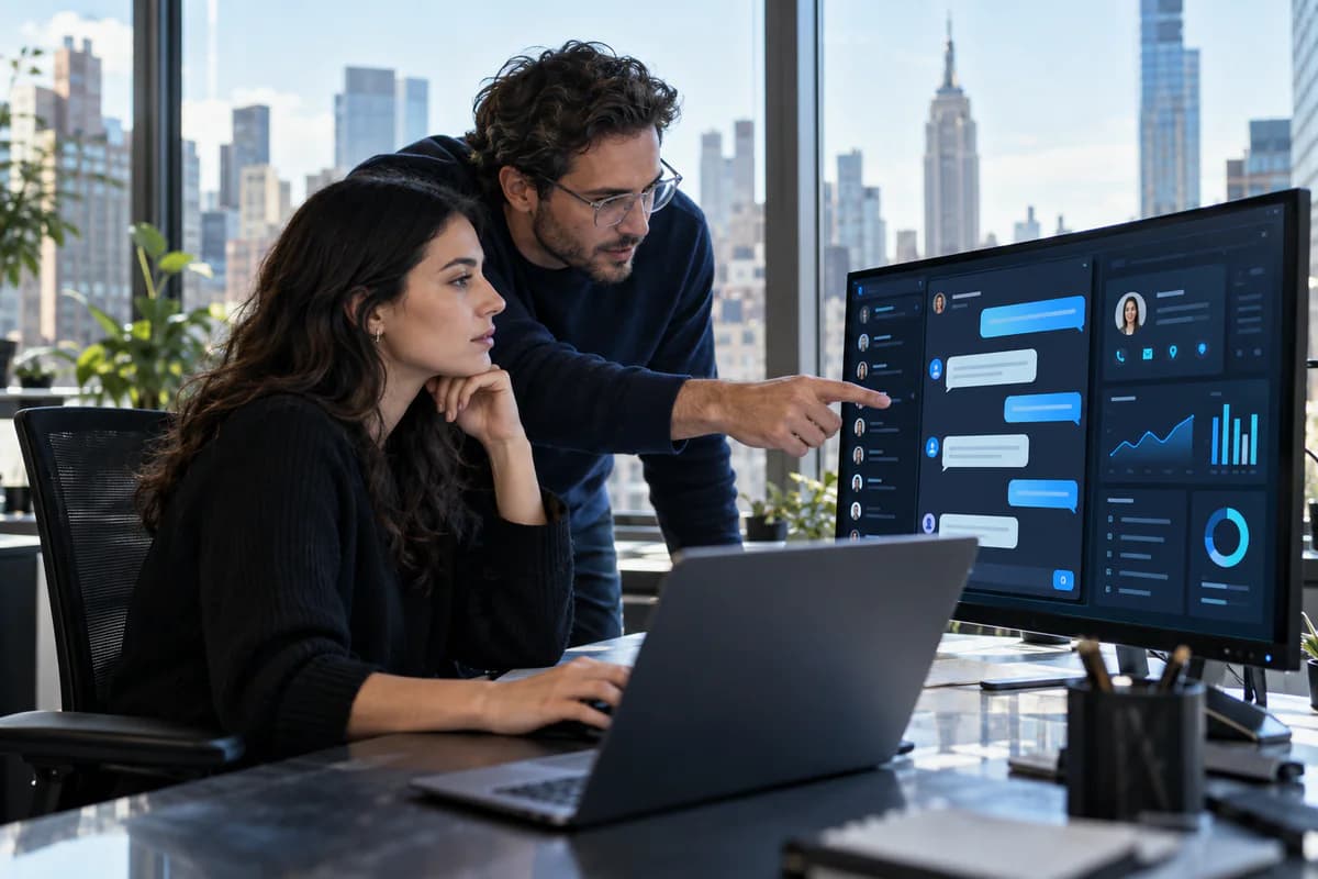AI chatbot dashboard integrated with CRM showing conversation analytics in a Manhattan office