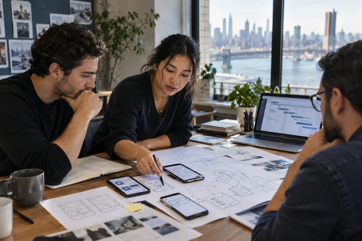 Product team planning mobile app wireframes and a project timeline at a table overlooking Manhattan