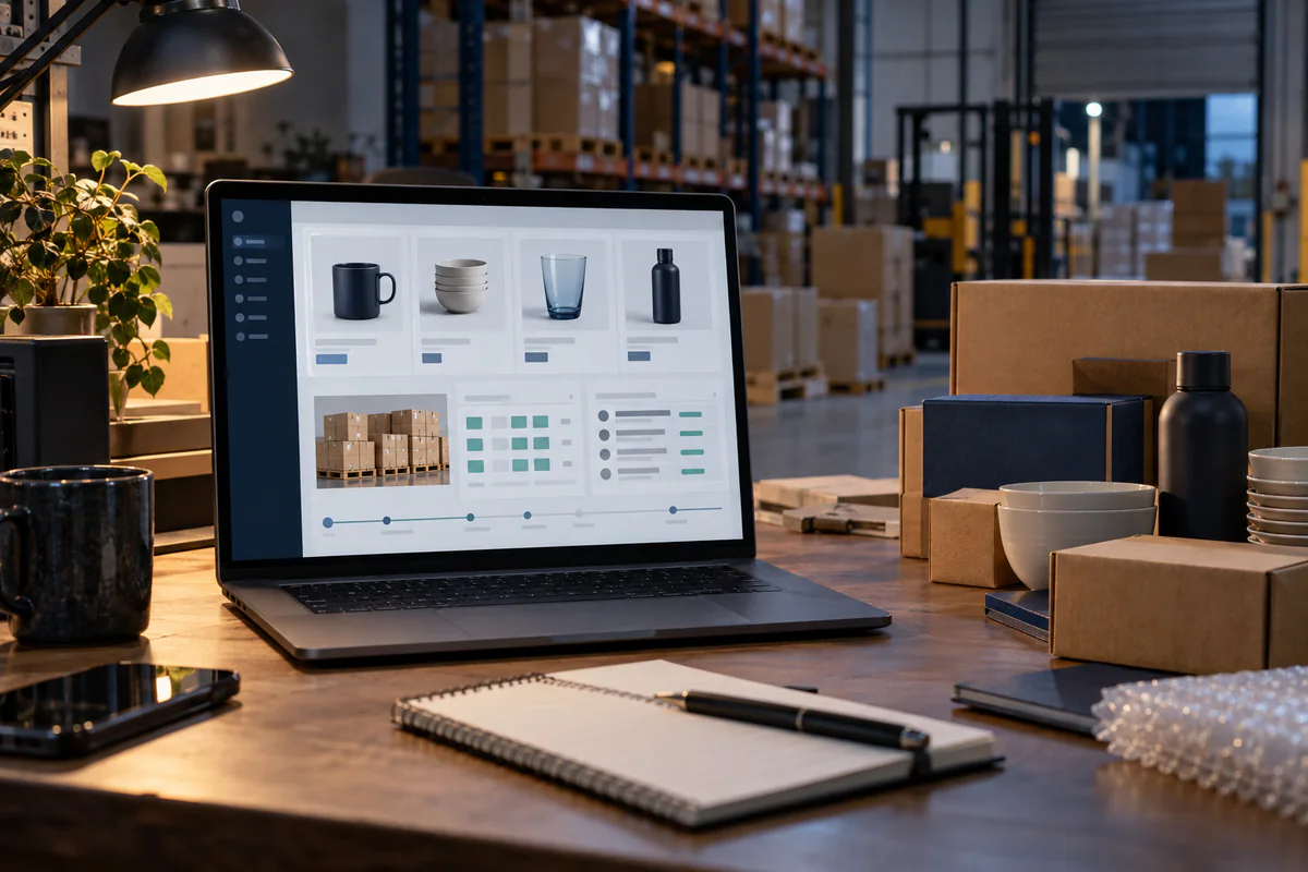 Laptop showing a wholesale product catalog and order tracker on a desk in a warehouse
