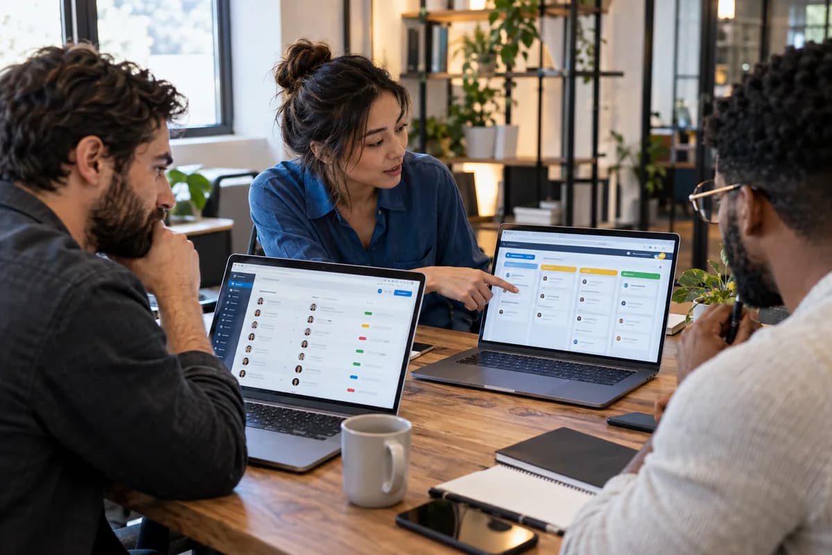 Small business sales team comparing CRM software options on laptops, with a pipeline and contact records on screen