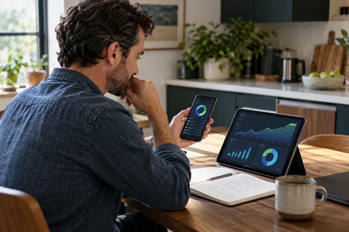 Man checking budgeting app charts on his phone and a tablet at a kitchen table