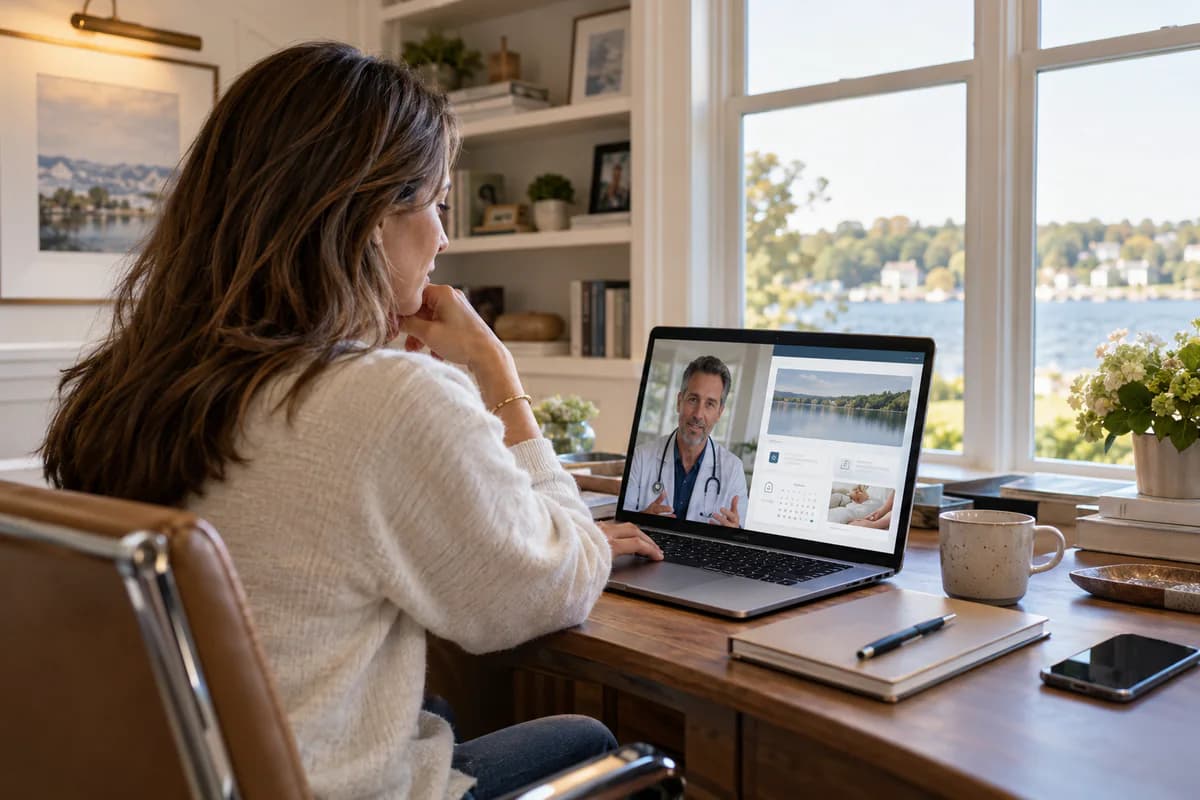 Woman at a home desk viewing a doctor video visit and scheduling page on her laptop