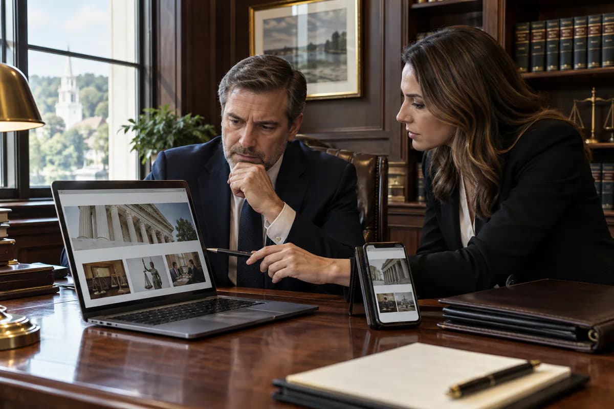 Two lawyers reviewing a law firm website with courthouse photos on a laptop and a phone