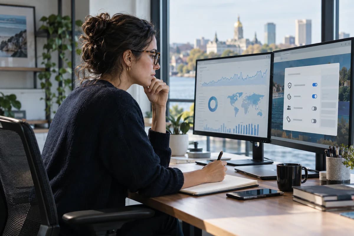 Woman taking notes beside monitors showing a web analytics dashboard and cookie consent settings