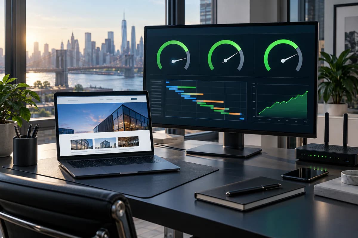 Monitor with green speed gauges and a page-load waterfall chart beside a laptop showing a corporate site