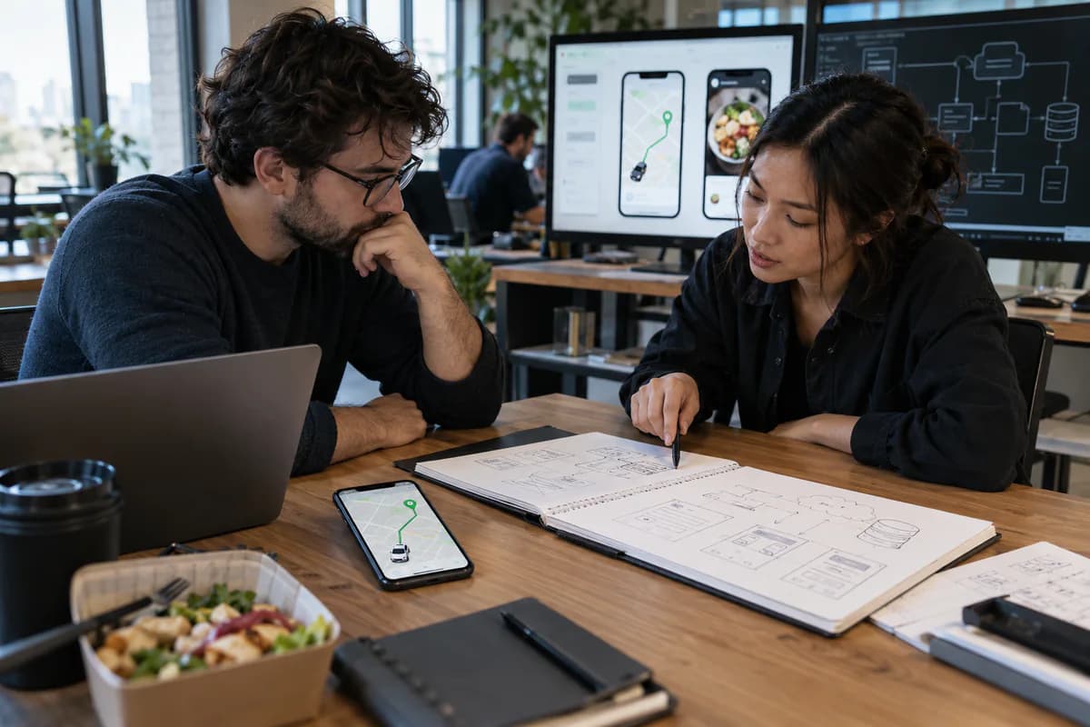 Two developers sketching app architecture next to ride-hailing and food delivery app screens