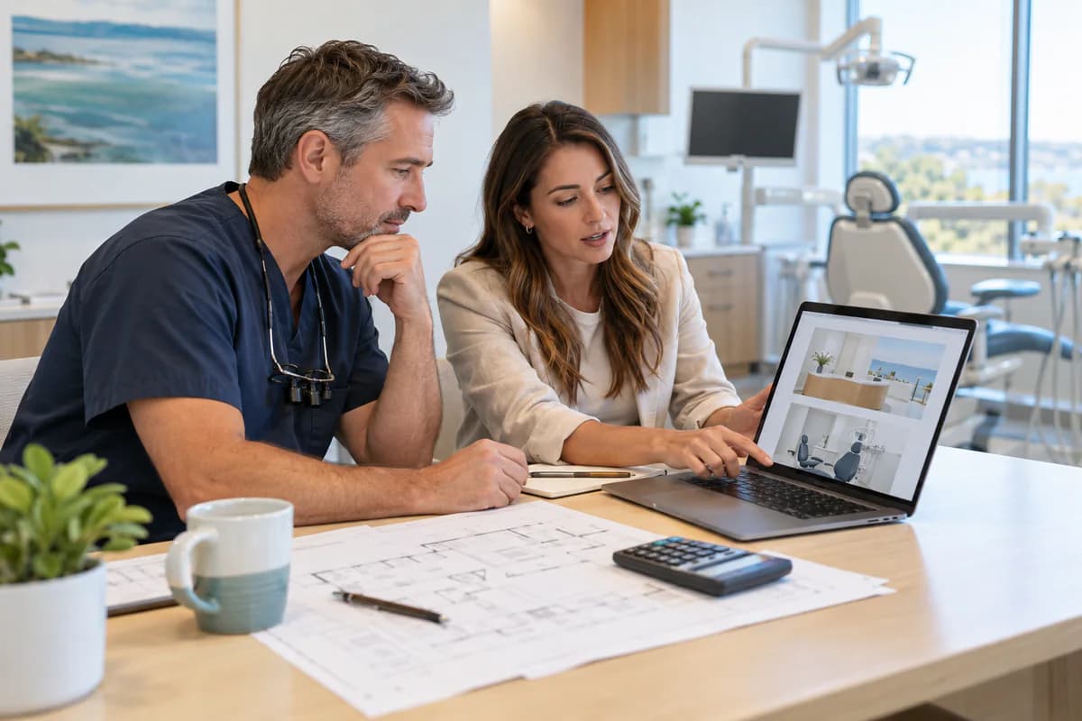 Dentist and a consultant reviewing a dental office website on a laptop beside floor plans