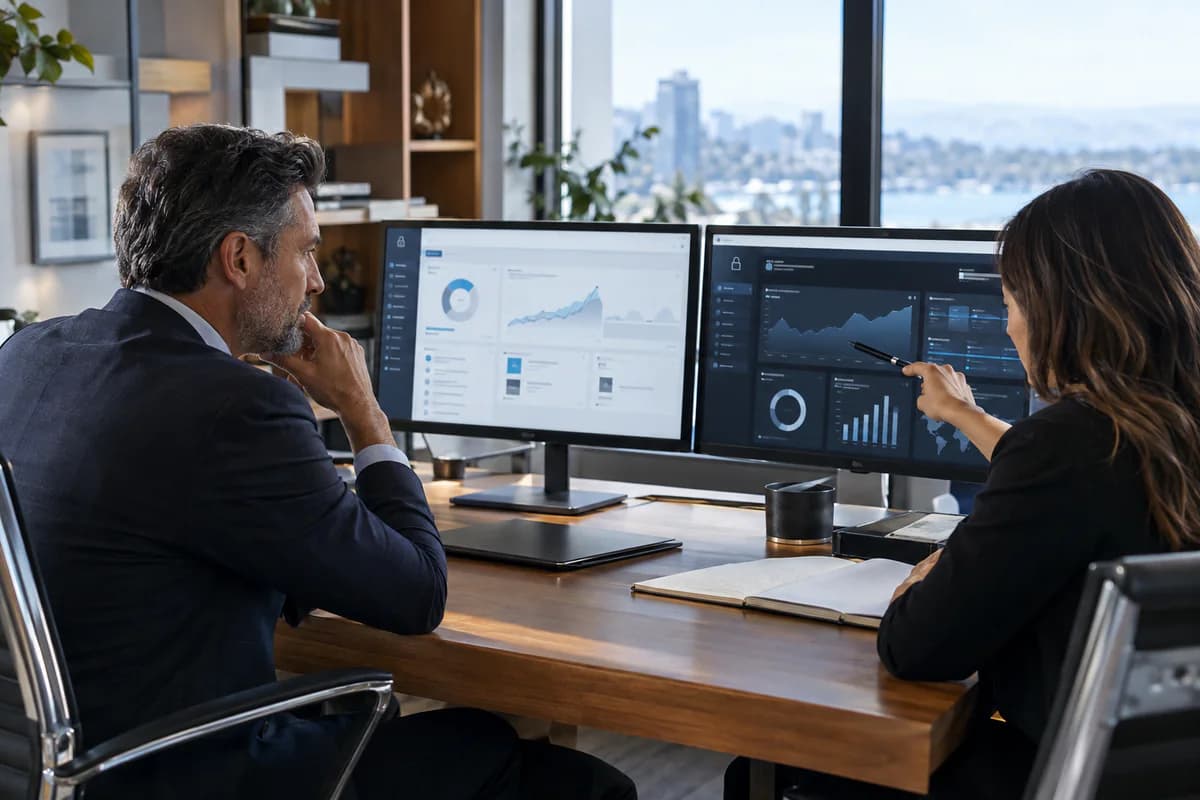 Two advisors reviewing secure client portal dashboards with portfolio charts on two monitors