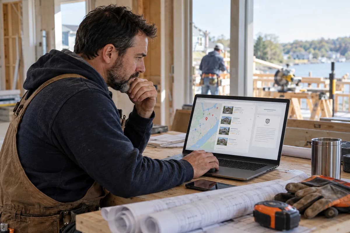 Contractor at a job-site table comparing local builder listings on a map on his laptop