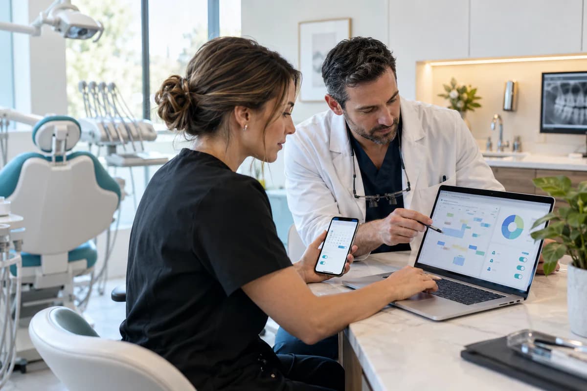 Dentist and staff member reviewing an appointment scheduling dashboard on a laptop and a phone