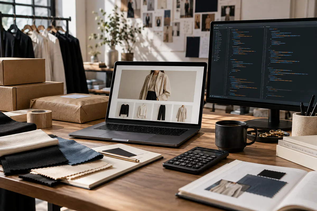 Clothing brand workspace with an online store on a laptop, code on a monitor and fabric swatches