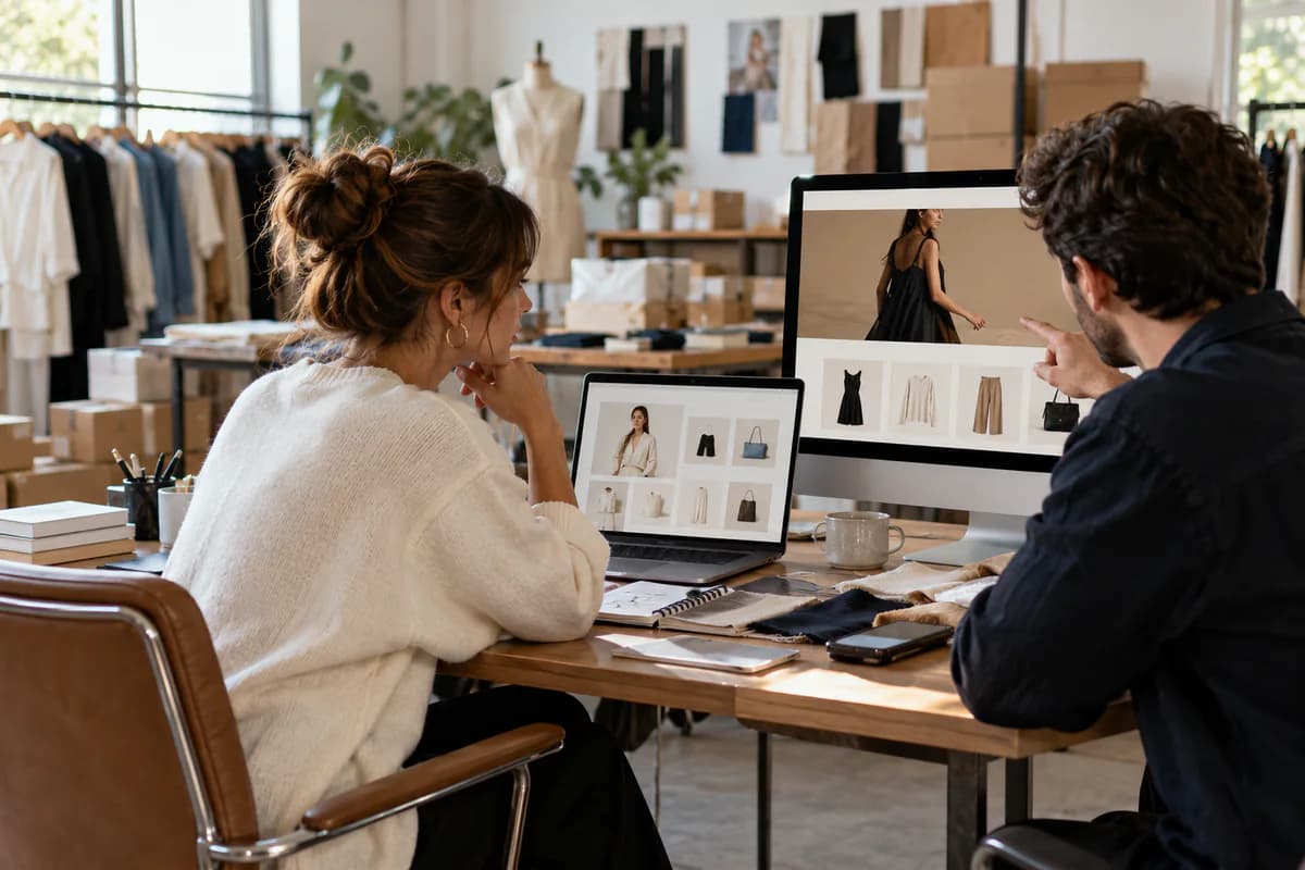 Two fashion brand owners reviewing their clothing store on a laptop and a desktop monitor in a studio