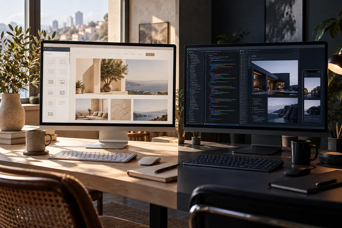 Two desks side by side: a page-builder layout on one monitor, code and a site preview on the other