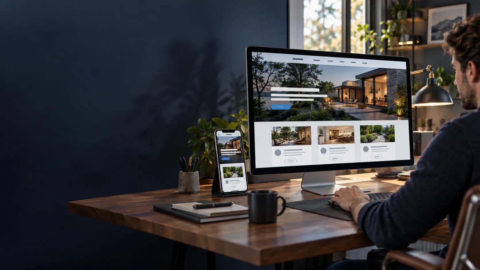 Designer building a responsive local-business website shown on a desktop monitor and phone